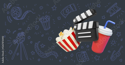 Cinema concept poster with popcorn bowl, film clip board and cola, Cartoon 3d render film clapper on hand drawn movie film background with film roll, ticket and movie camera.