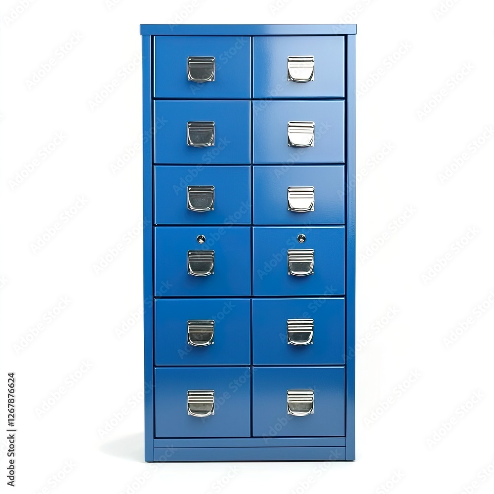 Stylish Blue Filing Cabinet with Multiple Drawers for Organization, Home office supplies concept. Stylish Blue Filing Cabinet with Multiple Drawers for Organization, Home office supplies concept.
