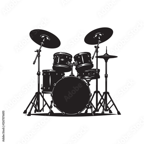 drum kit silhouette, stylized musical instrument, black and white illustration 