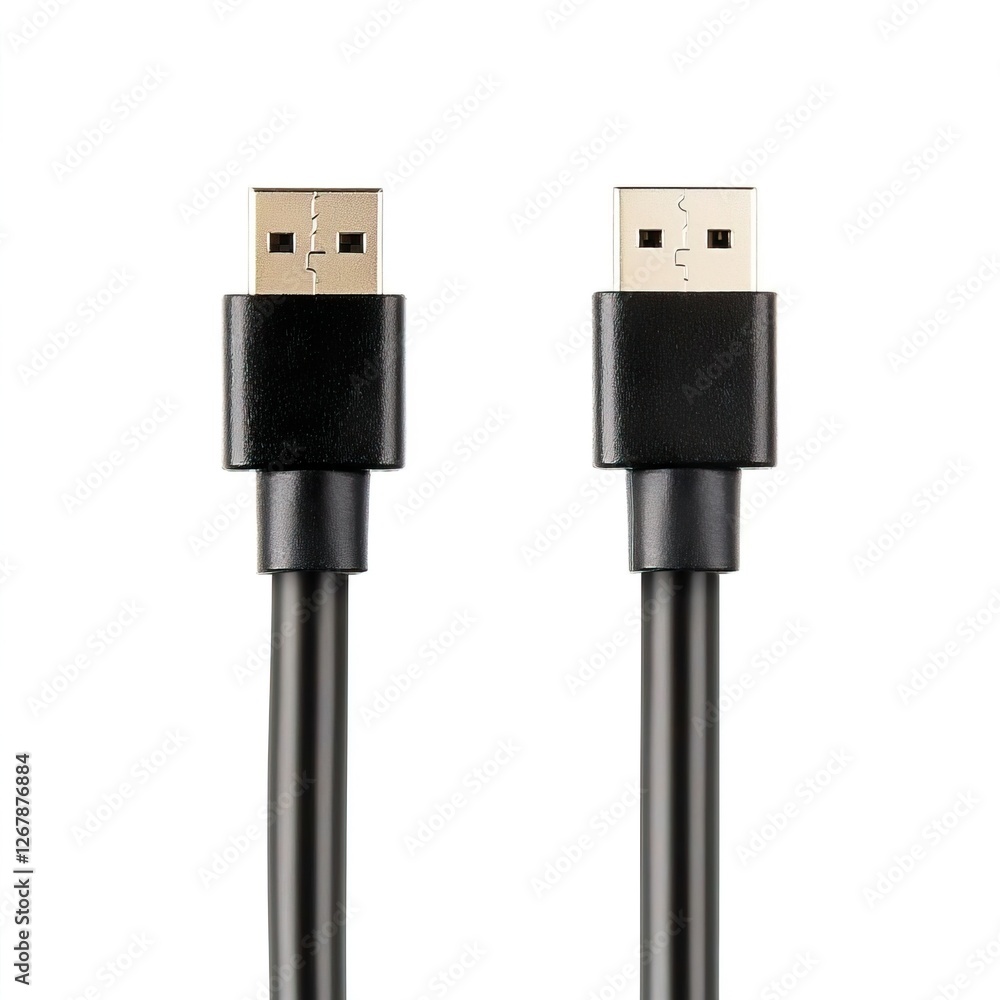 Black USB Cable with Two Connectors for Data Transfer and Charging, Home office supplies concept. Black USB Cable with Two Connectors for Data Transfer and Charging, Home office supplies concept.