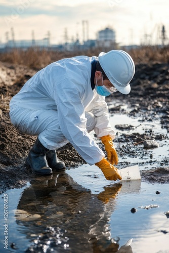 Toxicologist collecting water samples from a polluted site to analyze environmental health impacts in an industrial area