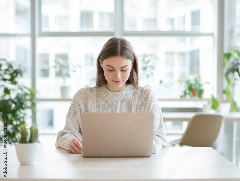 Woman working on laptop, focused and smiling gently. Light, airy office setting in background Woman working on laptop, focused and smiling gently. Light, airy office setting in background