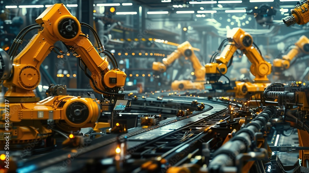 A futuristic factory floor with AI-powered industrial robots assembling intricate machinery with precision, surrounded by automated conveyor belts and glowing interfaces. A futuristic factory floor with AI-powered industrial robots assembling intricate machinery with precision, surrounded by automated conveyor belts and glowing interfaces.