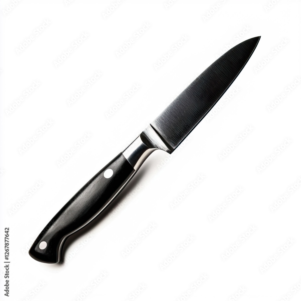 Elegant Black Kitchen Knife with Silver Accents on White Background, Kitchenware concept. Elegant Black Kitchen Knife with Silver Accents on White Background, Kitchenware concept.