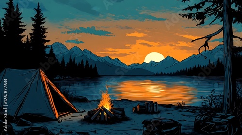 Serene camping site with campfire images