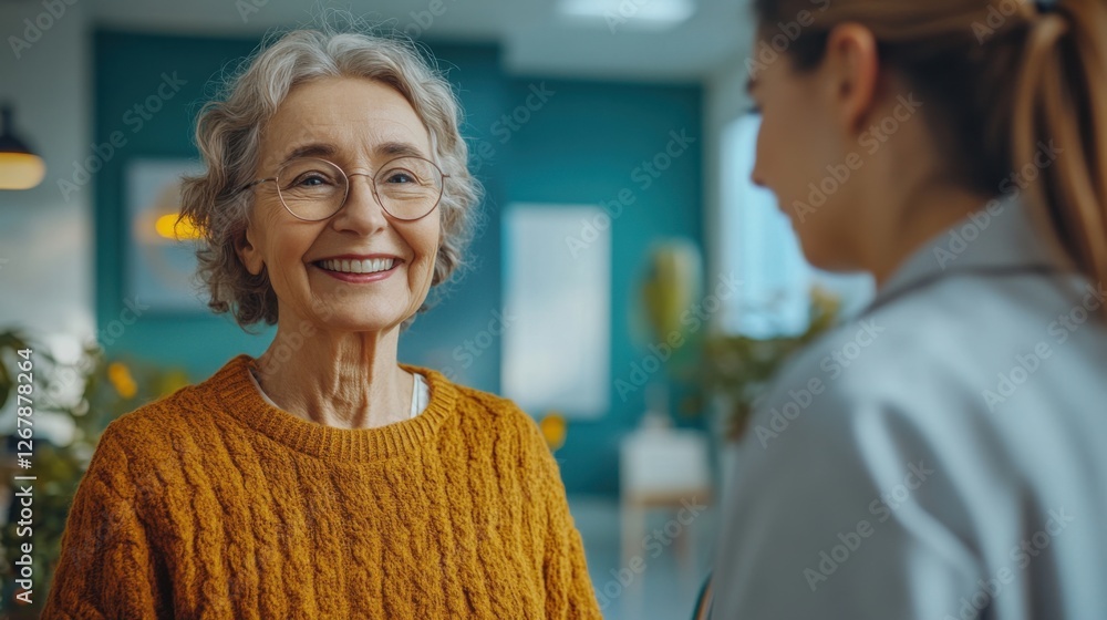Obraz premium Doctor and elderly woman with a walking frame in a modern rehabilitation center, focusing on healthcare and support