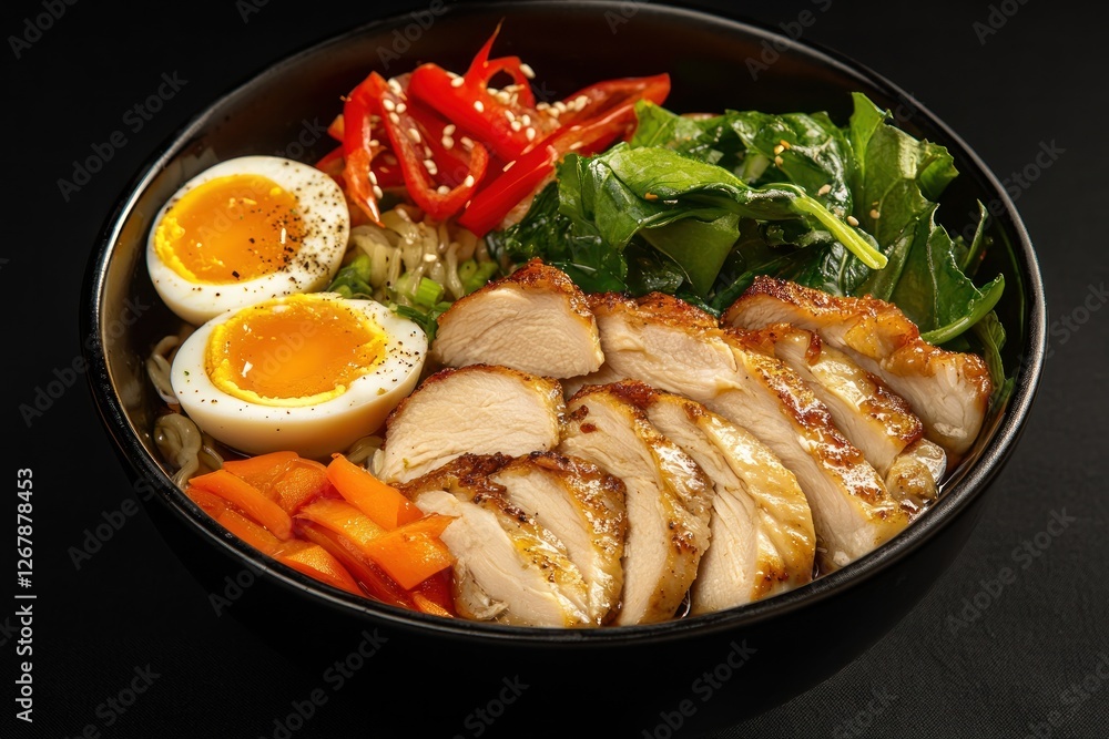 Delicious Chicken Ramen Bowl with perfectly cooked eggs, fresh vegetables and noodles Delicious Chicken Ramen Bowl with perfectly cooked eggs, fresh vegetables and noodles