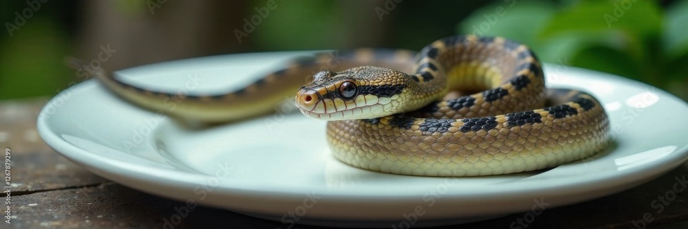Water snake beside white plate, water, table Water snake beside white plate, water, table