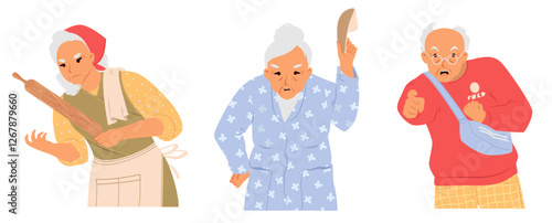 An elderly woman shows her anger through different gestures, holding a rolling pin, raising a finger reprimandingly, and giving a disapproving look, all set in a cozy home environment.