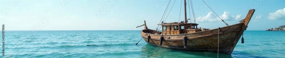 Weathered wooden sailing boat moored on a calm sea, sailing boat, ocean Weathered wooden sailing boat moored on a calm sea, sailing boat, ocean