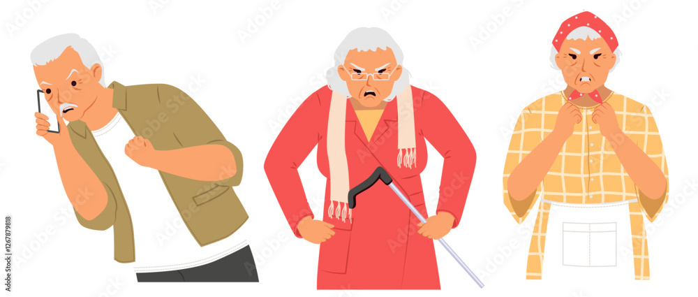 Three elderly characters display a range of emotions. One is angry on a phone call, another is frustrated with a cane, while the third appears annoyed with hands on her chin. Three elderly characters display a range of emotions. One is angry on a phone call, another is frustrated with a cane, while the third appears annoyed with hands on her chin.