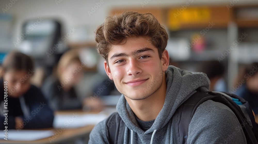 Fototapeta premium high school classroom with young students working together, male student in the foreground smiling at the camera, wearing a backpack, academic teamwork
