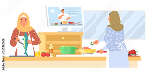 In a cozy kitchen, a Muslim mother and her daughter work together on meal preparation.