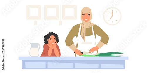 A mother in a headscarf skillfully prepares green onions at a kitchen counter while her curious child observes eagerly. The warm atmosphere highlights their bond through cooking.