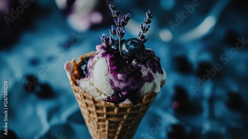 Gourmet ice cream cone topped with fresh berries