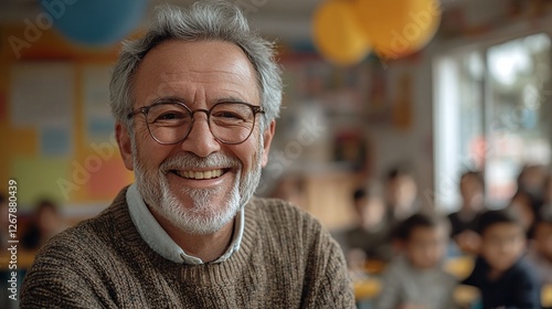 experienced senior male instructor standing in a bright school classroom, teaching children and smiling, passionate professor educating students