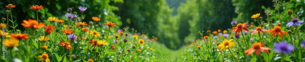 Wildflowers in a abandoned garden with overgrown weeds , foliage, grunge, greenery Wildflowers in a abandoned garden with overgrown weeds , foliage, grunge, greenery