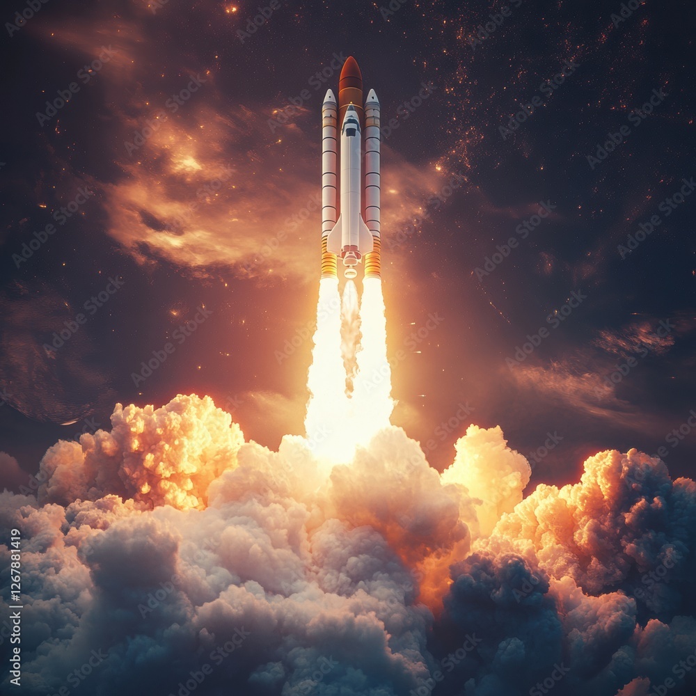 Naklejka premium Rocket launches into space, leaving behind trails of fire and smoke against a starry night sky. Generative AI