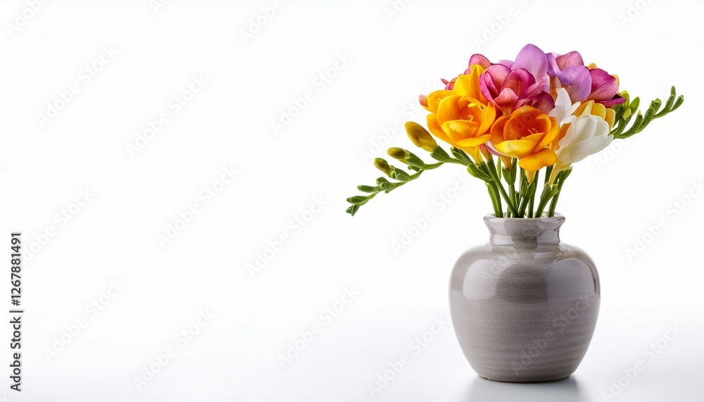 ceramic vase with small bouquet of freesia flowers isolated on white or white background ceramic vase with small bouquet of freesia flowers isolated on white or white background