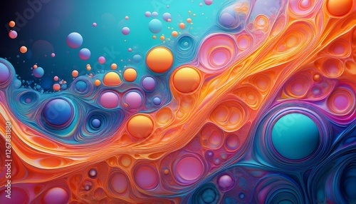 colorful microbubble patterns with abstract backgrounds in blue orange and pink hues displaying fluid dynamics and visual effects photo