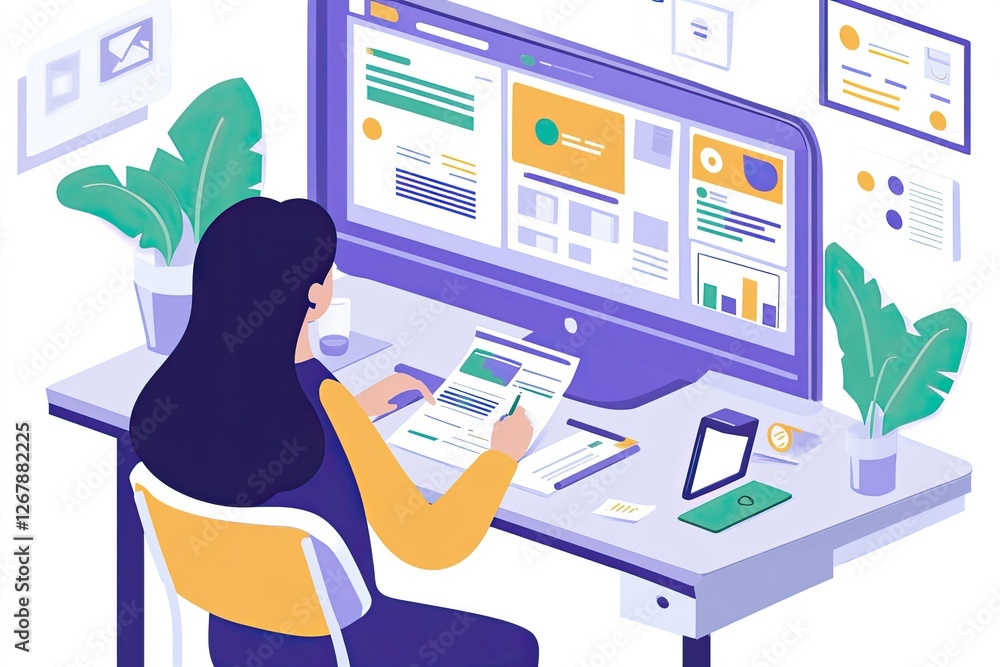 Fototapeta premium Woman analyzing data on devices and document at desk 