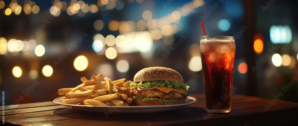 Nighttime Burger Delight: A Juicy Burger, Crispy Fries, and Ice-Cold Soda Under City Lights Nighttime Burger Delight: A Juicy Burger, Crispy Fries, and Ice-Cold Soda Under City Lights