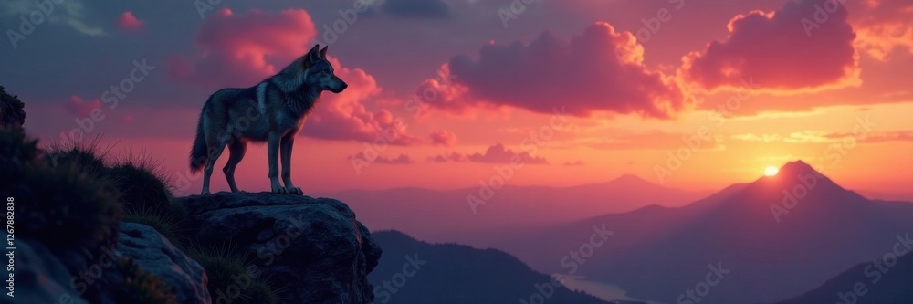 A lone wolf standing on a rocky outcrop at dusk, gazing out into the distance, sunset, night, rock A lone wolf standing on a rocky outcrop at dusk, gazing out into the distance, sunset, night, rock