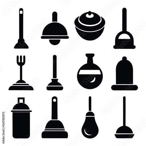 Collection of Silhouetted Plumbing Tools and Accessories