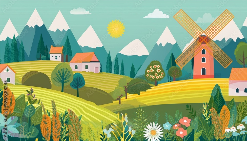 nature and landscape abstract illustration of trees countryside mountains flowers plants house fields farm pattern windmill and villages picture for background card or cover nature and landscape abstract illustration of trees countryside mountains flowers plants house fields farm pattern windmill and villages picture for background card or cover