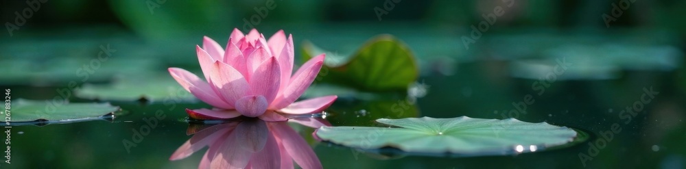 A single zen flower lotus blooms in the depths of a still, clear body of water, aquatic life, underwater, lotus A single zen flower lotus blooms in the depths of a still, clear body of water, aquatic life, underwater, lotus