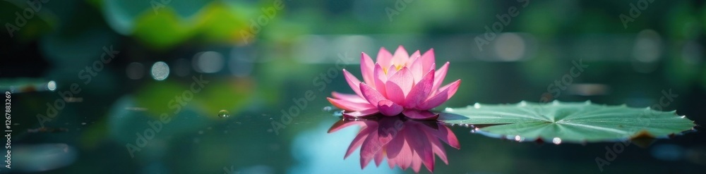 A single zen flower lotus blooms in the depths of a still, clear body of water, tranquil, serenity A single zen flower lotus blooms in the depths of a still, clear body of water, tranquil, serenity