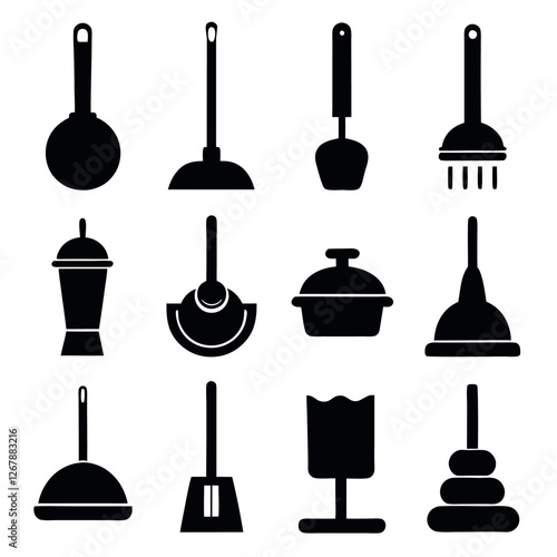 Collection of Silhouetted Plumbing Tools and Accessories