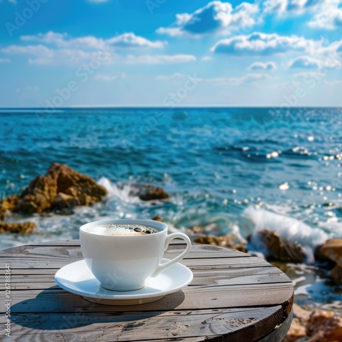 A white coffee cup with latte art sits on a rustic wooden table near a sparkling blue sea under a sunny sky. Relaxation concept.