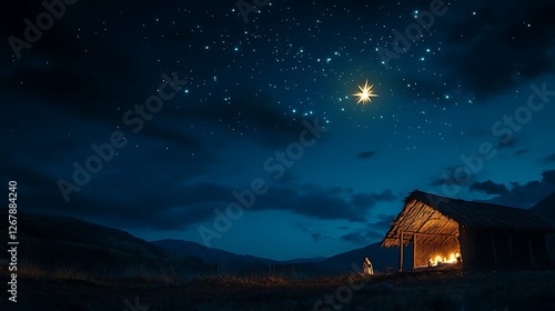 Shining star over quiet nativity scene images