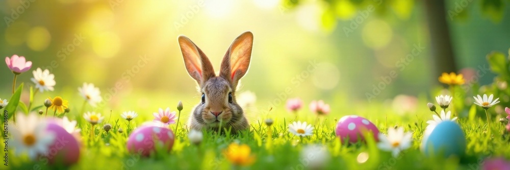 Bunny ears peeking through flowers in a sunny meadow with colorful Easter eggs scattered around , easter bunny ears, spring, flowers Bunny ears peeking through flowers in a sunny meadow with colorful Easter eggs scattered around , easter bunny ears, spring, flowers