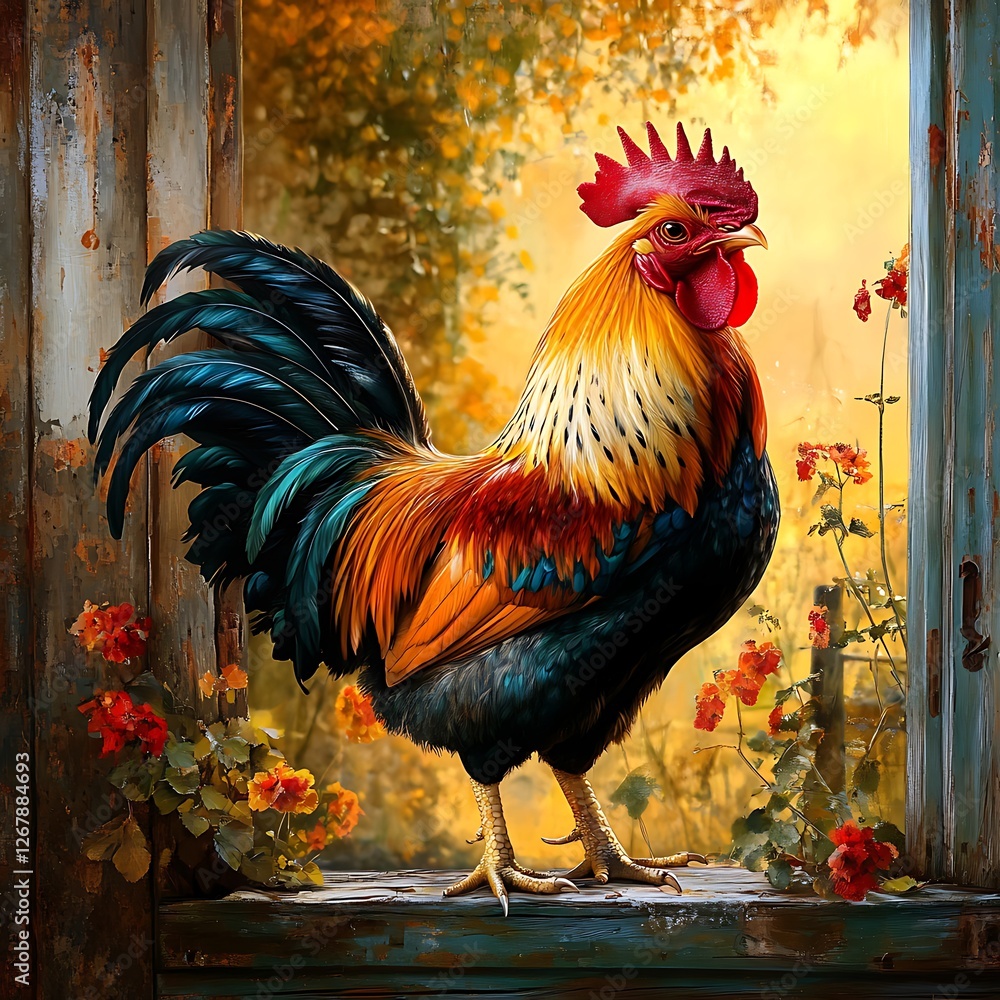 Majestic Rooster Dominating the Quiet Farmyard