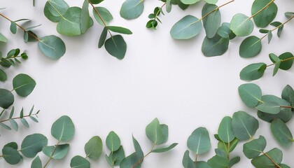 leaves eucalyptus frame borders on white background with empty space for text flat lay top view floral concept