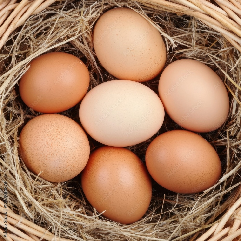 A bird's-eye view of speckled hen eggs nestled in a woven basket filled with straw A bird's-eye view of speckled hen eggs nestled in a woven basket filled with straw