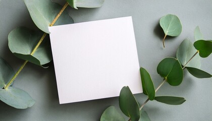 mockup invitation blank greeting card and green leaves eucalyptus flat lay top view