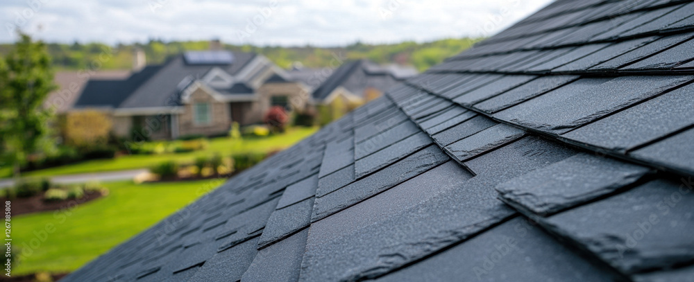 Fototapeta premium Grey slate roofing tiles provide a stylish element to residential architecture, showcased against a backdrop of manicured lawns and homes