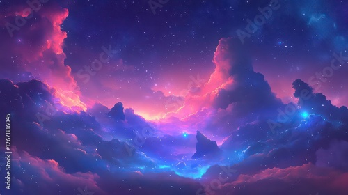 Colorful starry cloudscape, dreamy night sky, vibrant colors. Possible use Digital art, background, wallpaper