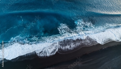 aerial view of dark blue sea waves crashing onto black sandy beach capturing the contrast of textures and colors in nature s landscape photo