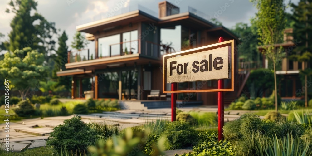 Fototapeta premium a poster, a horizontal banner for a real estate company, a wooden sign with the inscription 