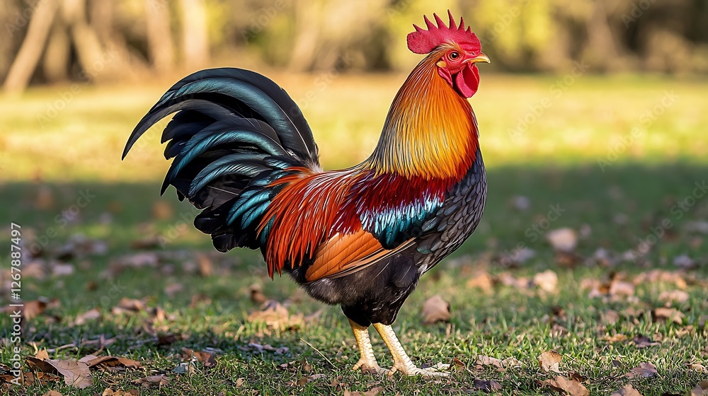 Strong Rooster Crowing in Tranquil Barnyard Landscape