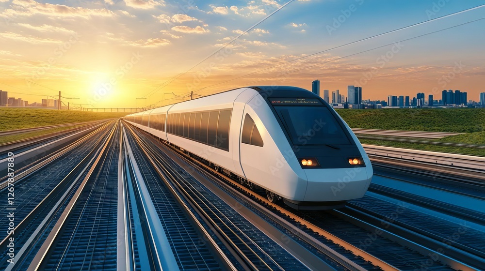 Naklejka premium Zero-carbon high-speed rail connecting sustainable cities, futuristic transportation