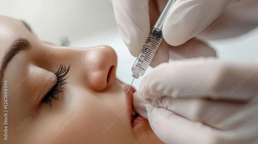 Close-up of female receiving lip injection with syringe. Cosmetic and Medical Injectables. Beauty injection, Anti-Wrinkle Close-up of female receiving lip injection with syringe. Cosmetic and Medical Injectables. Beauty injection, Anti-Wrinkle