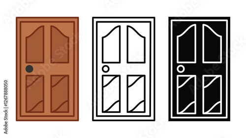 Three Representations of a Door: Detailed Wood, Line Art, and Solid Silhouette