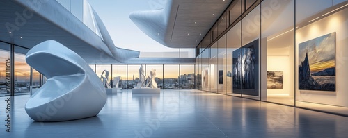 A modern art gallery featuring sleek sculptures, large windows, and vibrant paintings, set against a stunning sunset backdrop.