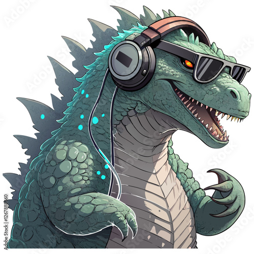 Playful Godzilla or Kaiju with Headphones Cartoon Art