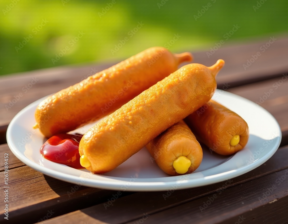 Delicious Corn Dogs with Ketchup on a Plate Outdoors Delicious Corn Dogs with Ketchup on a Plate Outdoors